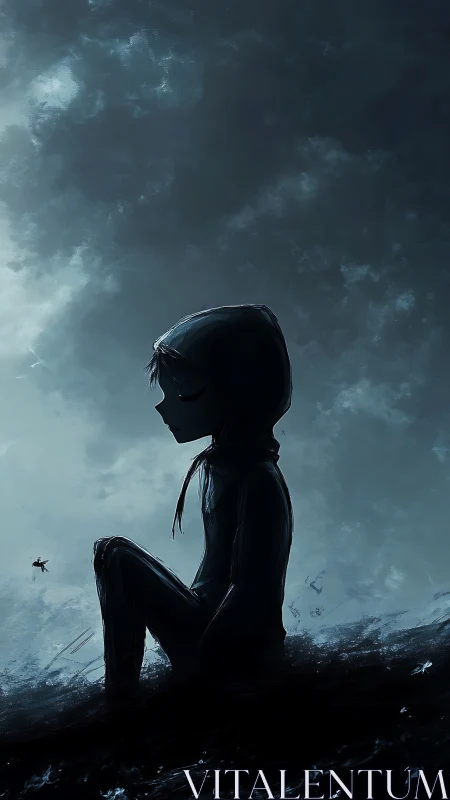 Hooded dreamer in stormlit dusk, listening to distant skies.