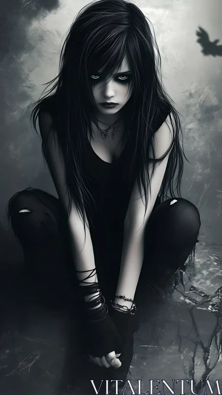 Gothic storm-souled girl crouches in monochrome twilight.