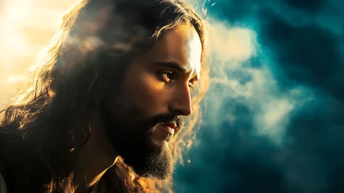 Radiant bearded man in golden rim light gazes into distance.