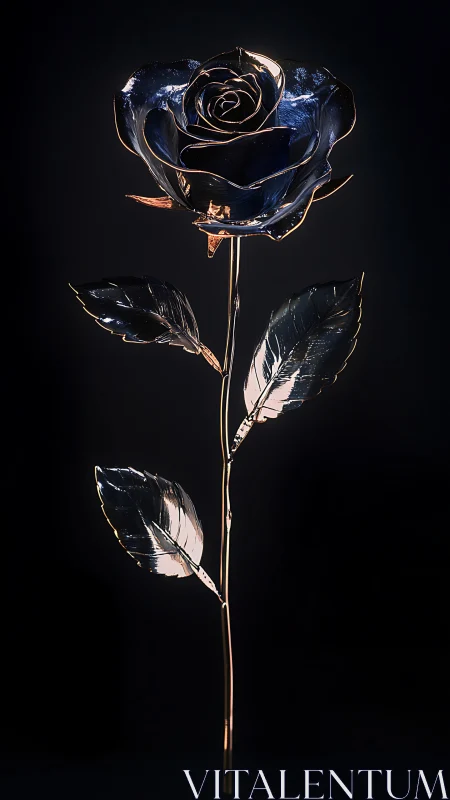 Specular metallic rose sculpture rendered with high contrast lighting