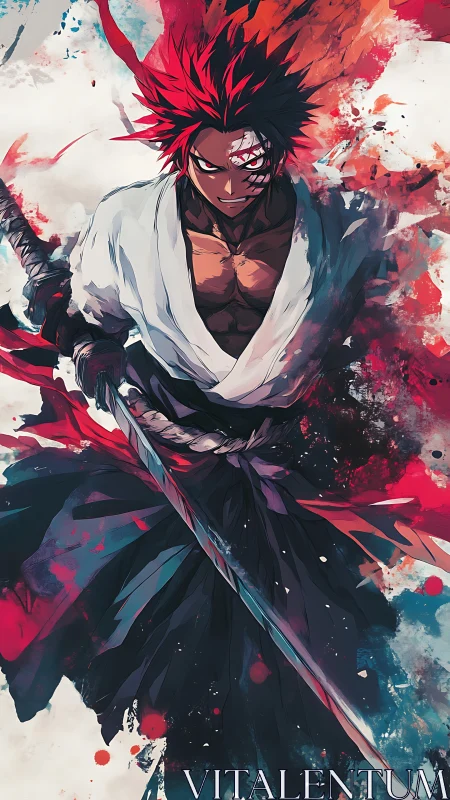 Scarred red-haired swordsman amid explosive ink splashes.