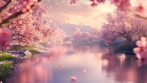 Cherry blossom trees align a reflective river at sunset