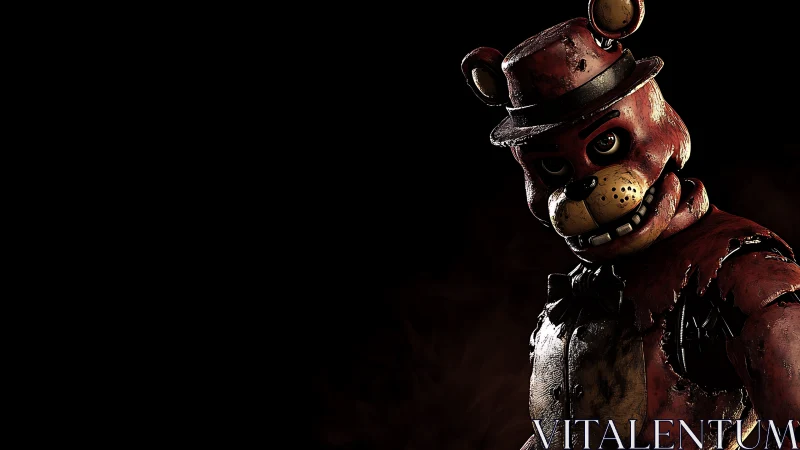 Shadowy animatronic bear leans forward with eerie charm