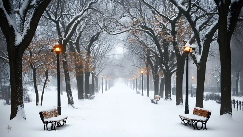 Snowy park pathway glows softly under warm winter lamplight