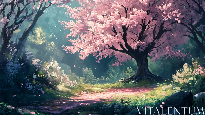 Spring forest path under blooming pink cherry tree.