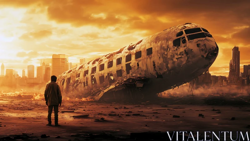 Solitary survivor facing ruined jet in burning cityscape.