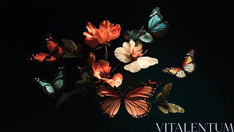 Iridescent butterflies orbit saturated blooms on deep black field