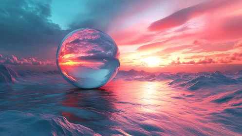 Glowing crystal sphere rests over dreamy neon ocean sunset