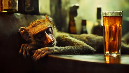 Photorealistic bar study with exhausted monkey and glass.