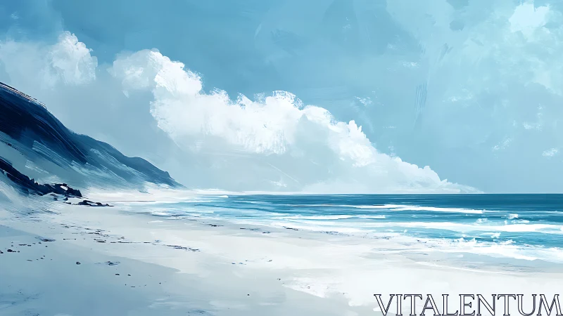 Coastal shoreline with cliffs, white sand, and open sky.