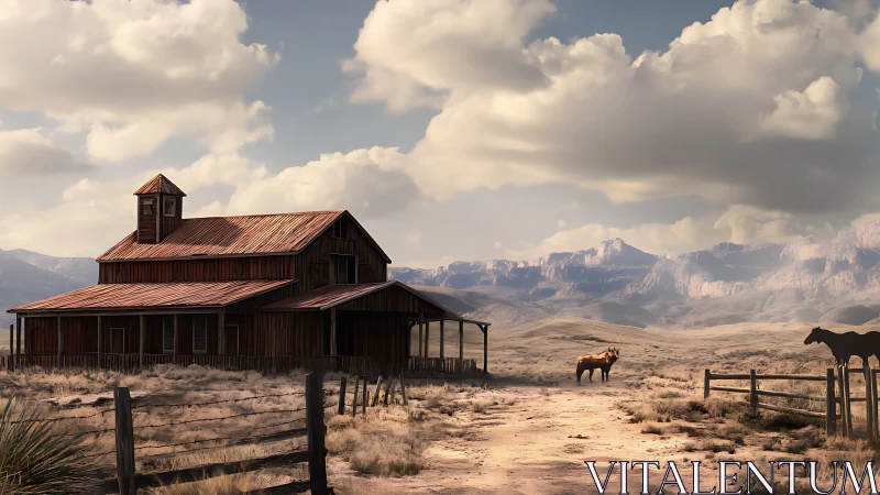 Desert ranch barn under vast clouds and distant ridges.