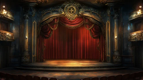 Ornate proscenium stage with closed red curtain in theater.