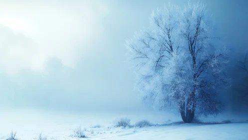 Solitary frost-kissed tree stands in tranquil winter fog.