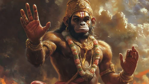 Divine monkey warrior raises blessing hand before storm sky
