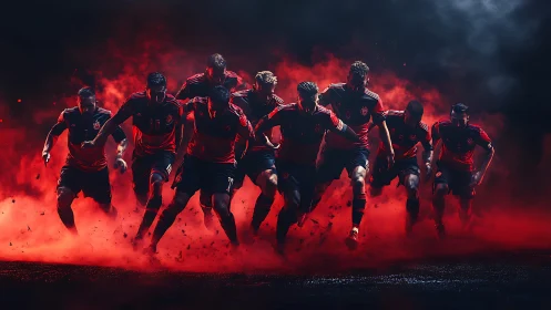 Soccer players running through red smoke on dark field.