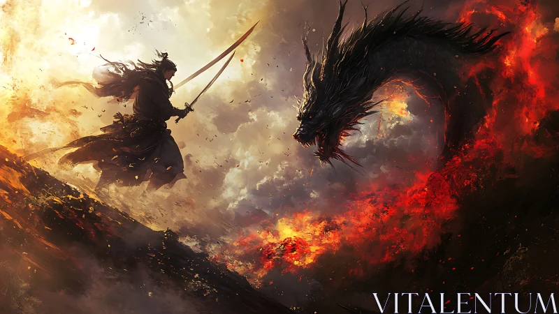 Samurai duelist confronts fire-wreathed dragon amid volcanic storm