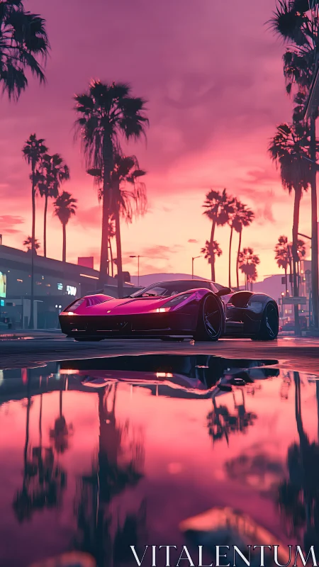Neon dusk supercar lounges under candy pink palm skies