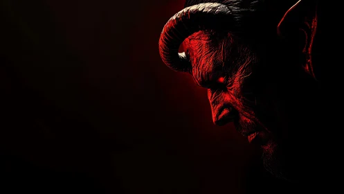 Brooding horned figure glowing in a deep crimson hush.