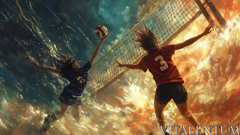 Volleyball rivals leap through swirling water and fire.