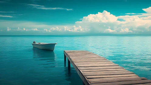Wooden pier and small motorboat on calm turquoise sea.