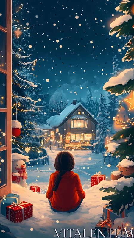Cozy winter night glows around a child waiting in the snow