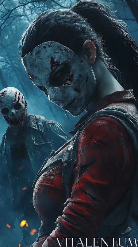 Masked figures stand in a foggy forest with cold lighting