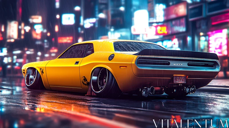 Yellow modified muscle car in wet neon urban street scene.