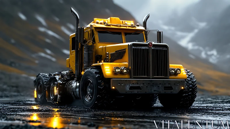 Bold yellow off road truck poised for adventure in rain.