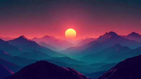 Neon dusk drapes alien mountains in layered dreamlight