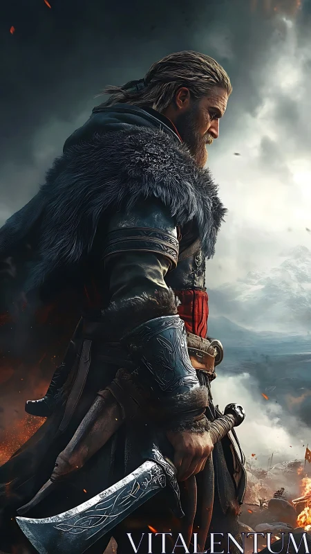 Battle-hardened Viking warrior stands amid storm and fire