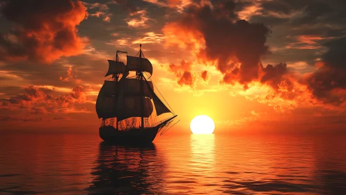 Tall ship sails into blazing ocean sunset horizon.