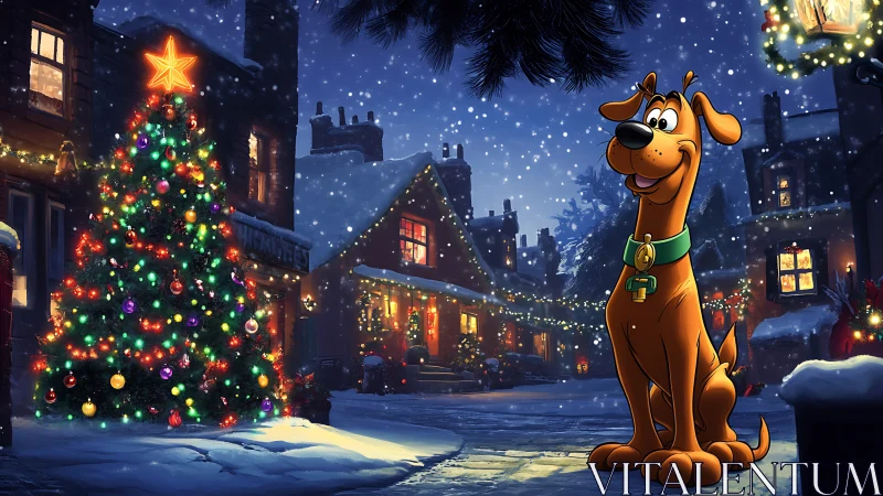 Cartoon hound guards a sparkling Christmas village night