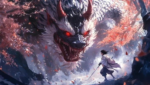 Crimson-eyed dragon descends on lone samurai beneath ember bloom.