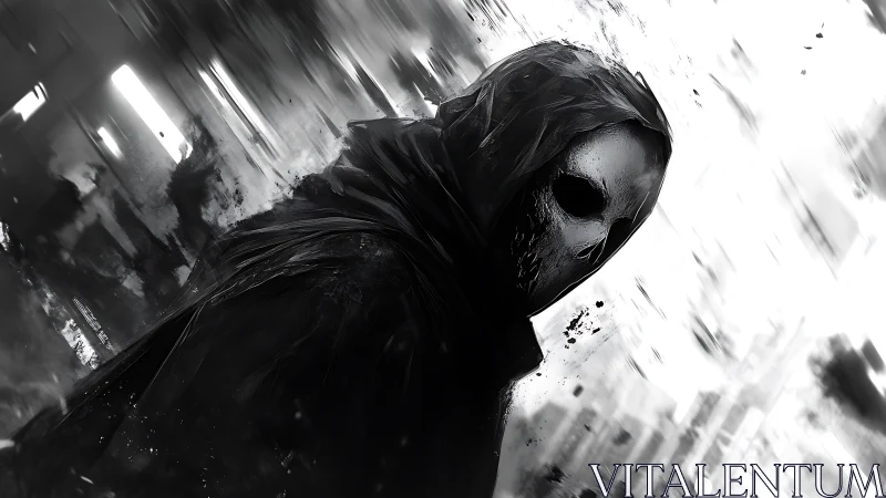 Mysterious hooded figure drifting through a storm of shadows.