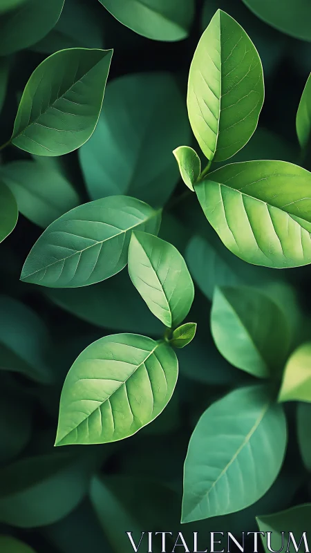 Macro study of glossy green foliage with soft ambient light