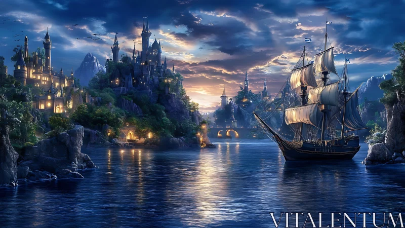 Moonlit galleon glides toward twin cliffside fantasy citadels.