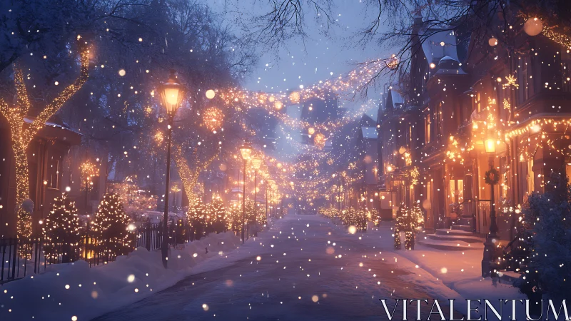 Snowy city street glows under warm festive winter lights.