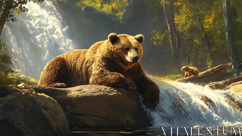 Gentle brown bear relaxes on sunlit rock beside cool falls