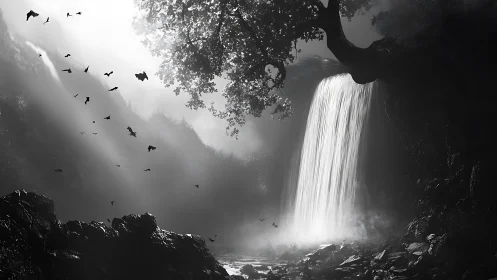 Moonlit waterfall pours through mist beside dark rocky gorge