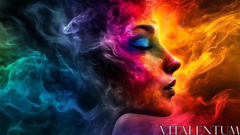 Chromatic female profile dissolving into swirling color clouds.