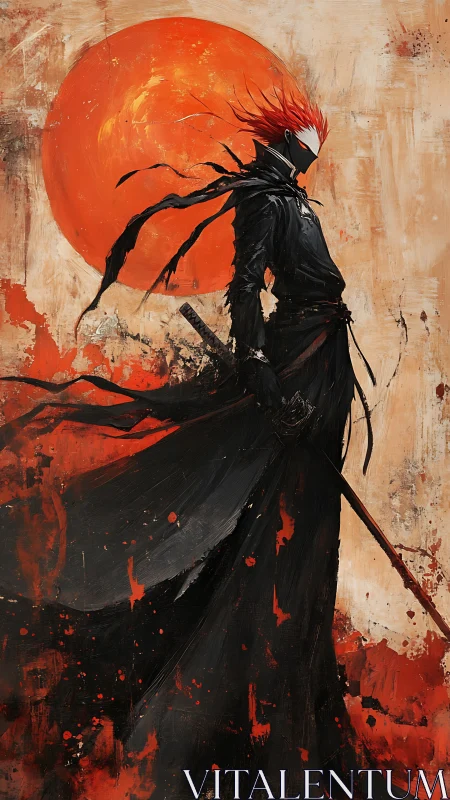 Samurai silhouette intersects blazing crimson solar disc