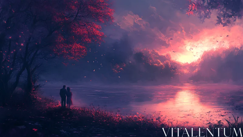 Two Silhouettes Share a Magical Sunset Moment by the Water.