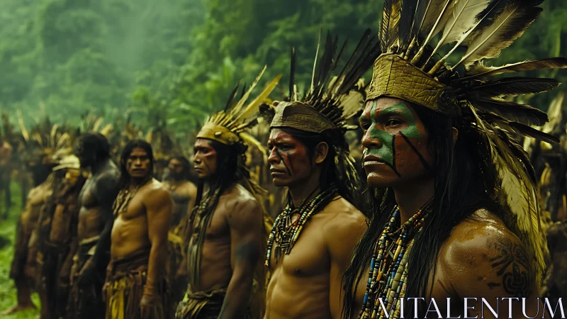 Indigenous warriors stand in formation wearing feathered headdresses