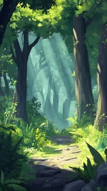 Enchanted Forest Path Through Misty Woodland.