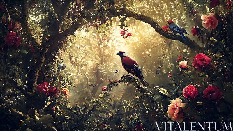 Backlit songbirds perch amid rose-laden forest canopy