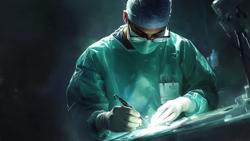 Calm surgeon at work in a softly lit operating room.
