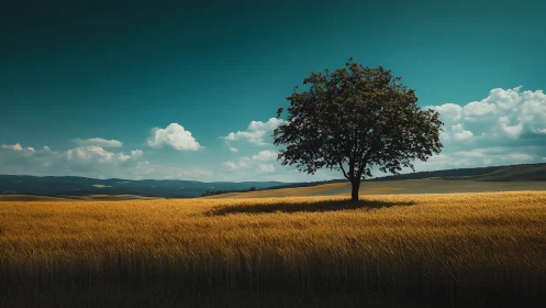 Solitary tree over golden wheat under cinematic teal sky.