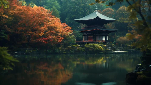 Japanese lakeside temple framed by dense autumn forest.