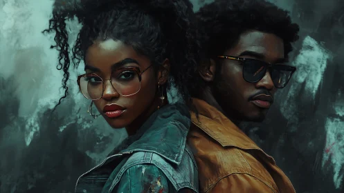 Two figures in eyewear against textured teal background