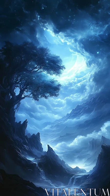 Luminous moonlit canyon under swirling blue night sky.